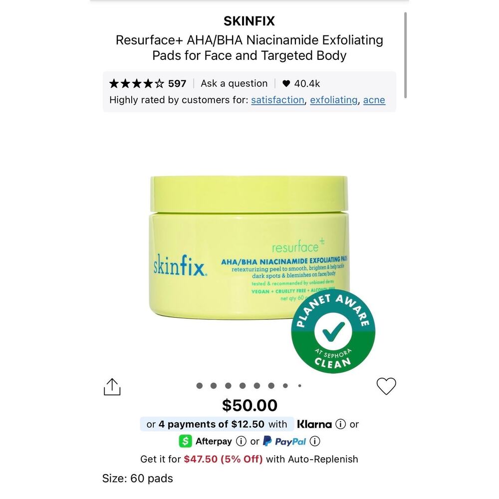 Skinfix Resurface+ AHA/BHA Niacinamide Exfoliating Pads For Face & Targeted Body